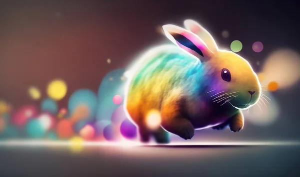 a colorful bunny rabbit running on a dark background with boke of light coming from its ears and tail, with a blurry background of multicolored circles.
