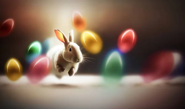 a rabbit running through an array of colored eggs in a dark room with a light shining on it\'s back end and a black background.