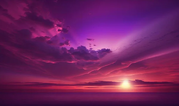 a purple sky with clouds and the sun setting over the ocean in the distance with the sun setting over the horizon in the middle of the picture.