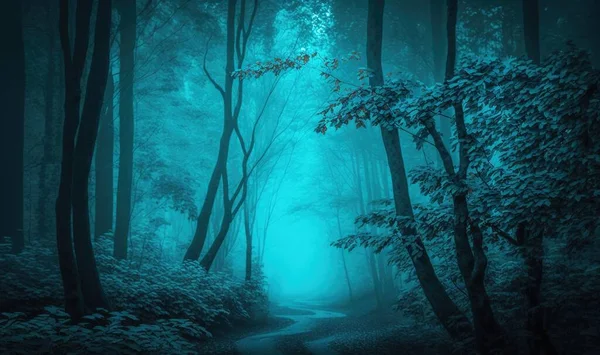a dark forest with a path leading through the woods and trees on both sides of the path is a foggy, green light filled forest.