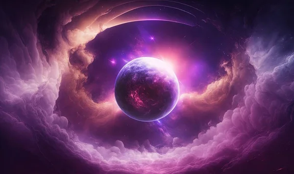 a purple and blue space filled with clouds and a large object in the middle of the image, with a bright light shining through the clouds.