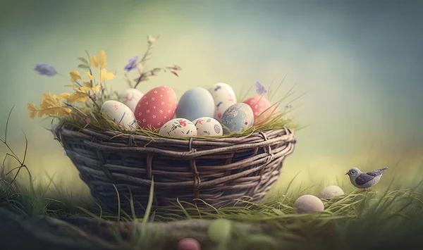 a painting of a basket filled with eggs and a bird sitting on top of the basket next to the eggs in the grass and flowers.