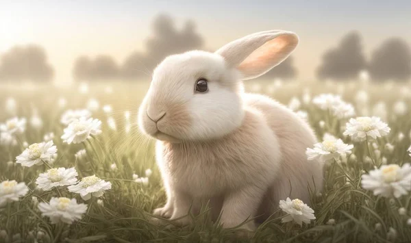 a white rabbit sitting in a field of white daisies with a blurry sky in the background and trees in the background, with white flowers in the foreground.