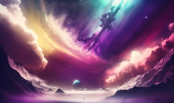 a painting of a colorful sky with clouds and a planet in the middle of the sky with a person standing in the middle of it.