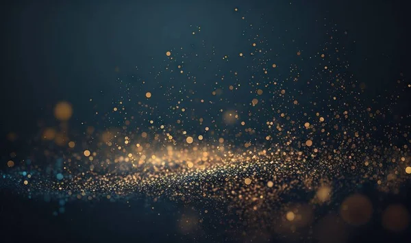 a blurry photo of a dark background with gold dust and small lights on the left side of the image and on the right side of the right side of the image is a blurry background.