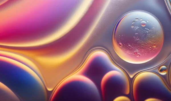 a close up view of a liquid filled with bubbles of different colors and shapes, with a drop of water on the bottom of the image.