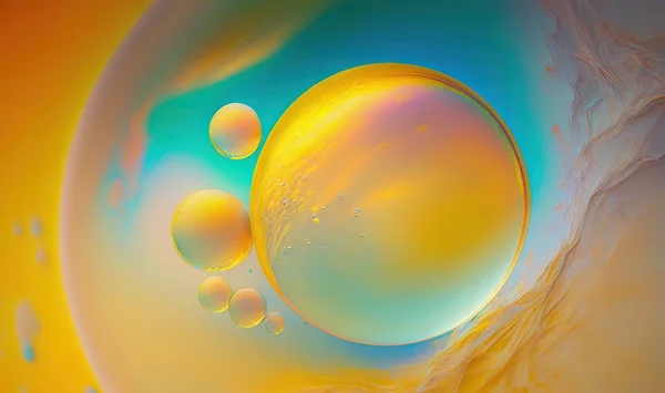 an abstract painting of a yellow and blue sphere with bubbles in it\'s center and a blue and yellow swirl in the middle of the circle.
