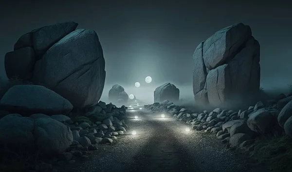a dark road with some rocks and a car driving down the road at night with lights on the rocks and a foggy sky above.