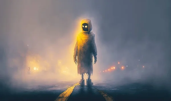 a man in a yellow raincoat standing on a foggy street with a yellow light on his head and a yellow light on his face.