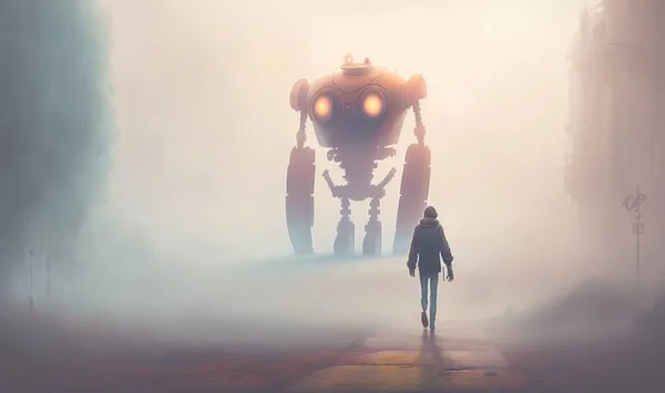 a person walking down a foggy street with a robot in the distance in front of a building with a light on its face and a foggy background.