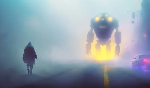 a man walking down a foggy street next to a robot in the middle of the road with a car behind him and a person in the distance.