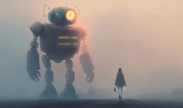 a person standing in front of a robot in a foggy area with a light on its head and a light on its head,.