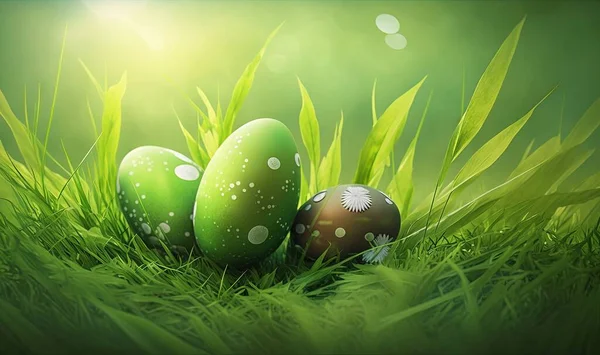 three green eggs in the grass with a sun in the backgroung of the eggs is a white dot on the top of the eggs.