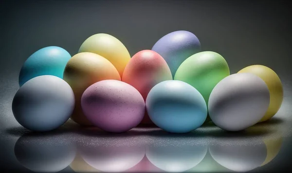 a group of colorful eggs sitting on top of each other in a row on a reflective surface with a black back ground and a black back ground.