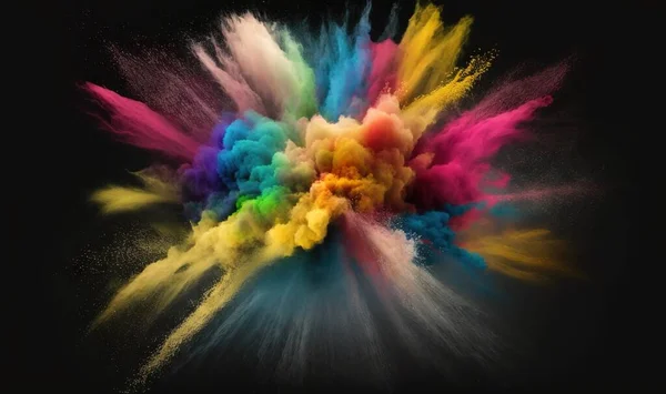 a multicolored explosion of colored powder on a black background with space for text or image or image to put on a poster or postcard.