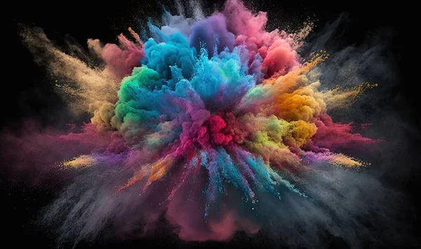 a multicolored explosion of colored powder on a black background with a black background and a black background with a black background and a white border.