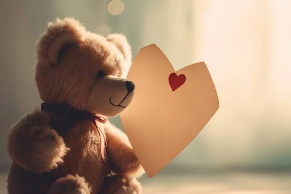 a brown teddy bear holding a heart shaped card with a red heart on it.