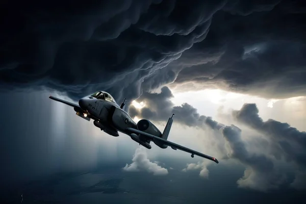 a fighter jet flying through a cloudy sky with a sunbeam in the background and a storm cloud in the foreground, with a jet in the foreground.