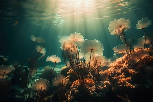 a group of white flowers floating in the ocean under a sunlit ocean floor with water bubbles and corals on the bottom of the water.