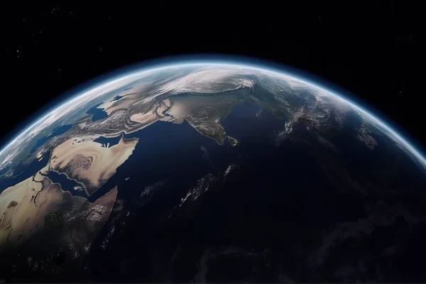 a view of the earth from space showing europe and the middle east, with the sun shining on the horizon, and the earth in the foreground.