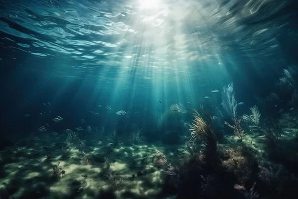the sun shines through the water on the bottom of the ocean floor, revealing a seaweed bed and underwater plants and algaes in the foreground.