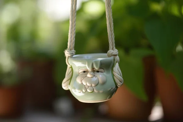 a ceramic hanging planter with a flower design on the front and a rope hanging from the back of the hanging planter, with potted plants in the background.