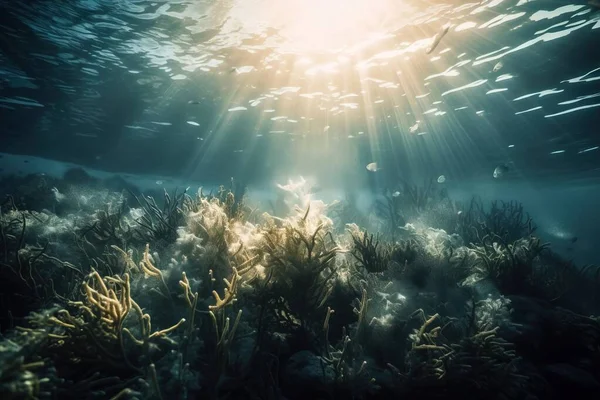 the sun shines through the water over a seaweed bed in the ocean floor of a coral reef in the gala of the ocean.