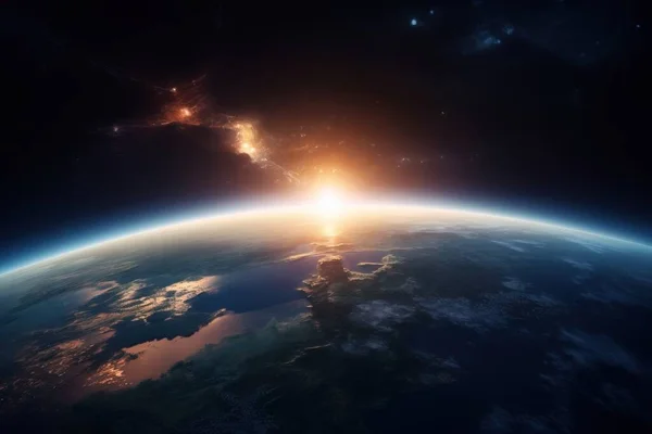 a view of the earth from space with the sun shining through the clouds and the earth in the foreground with a star in the middle.