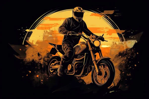 a man riding a motorcycle on top of a dirt field with a sunset in the backgroup of the picture behind him and a yellow circle.