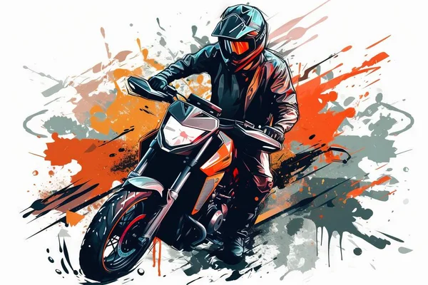 a person riding a motorcycle on a colorful background with splashes and spray paint on the back of the bike and on the front of the bike is a black helmet.