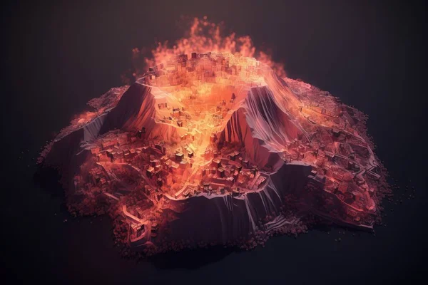 a computer generated image of a volcano with lava and lava surrounding it and a fire coming out of the top of the volcano and surrounding volcano.