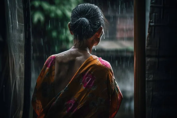 a woman in a kimono standing in the rain with her back turned to the camera and looking out of a window at the rain.