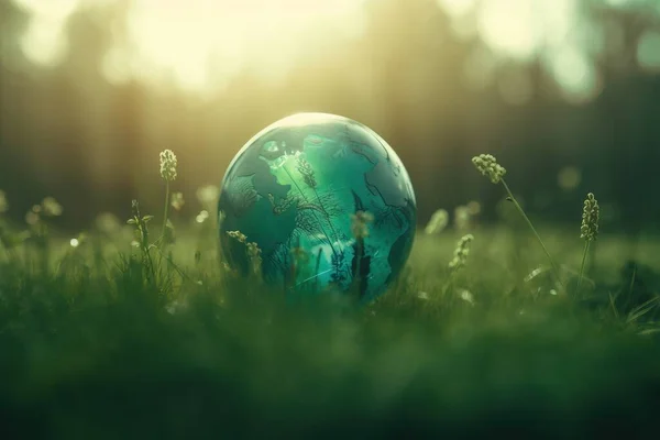 a green globe sitting in the middle of a field with grass and flowers in the foreground, with the sun shining through the trees in the background.