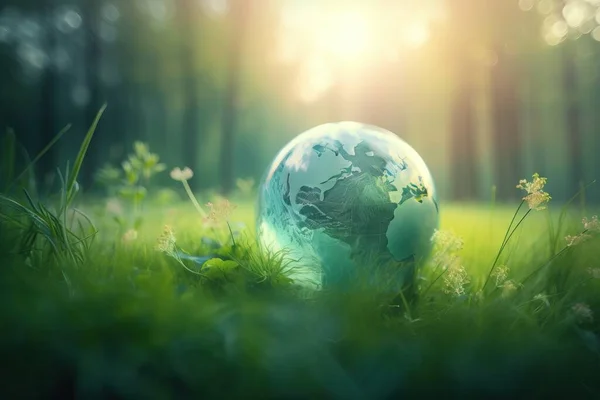 a glass globe sitting in the grass in the sunlit forest, with the sun shining through the trees and the grass in the foreground.