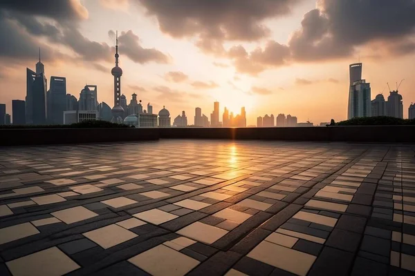 the sun is setting over a city skyline with a tile floor in the foreground and a cityscape in the background with a few clouds.