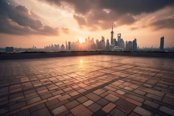 the sun is setting over a city skyline with a large brick floor in the foreground and a few buildings in the background with dark clouds in the sky.