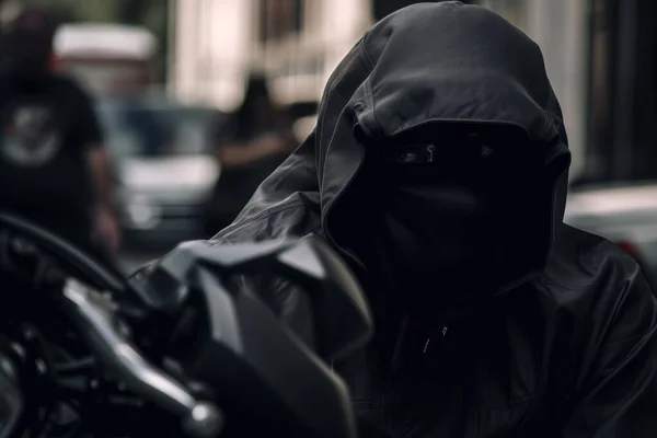 a person in a black hooded jacket is riding a motorcycle down the street with another person in a black jacket behind him on a motorcycle.