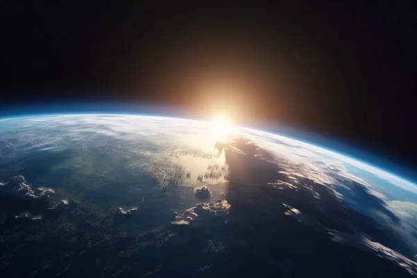 a view of the earth from space with the sun shining through the clouds and the sun in the sky above the earth\'s horizon.