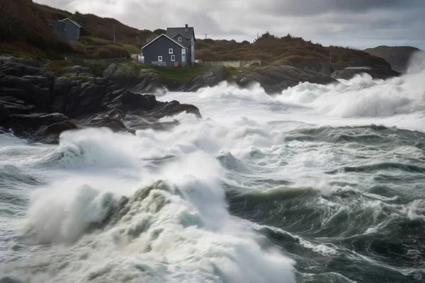 a house on a hill with a bunch of waves crashing in front of it and a house in the distance with a cloudy sky in the background.
