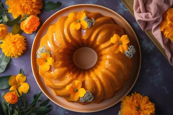a bundt cake on a plate with flowers on the side of the bundt cake and a pink napkin on the side of the bundt cake.