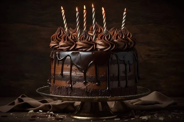a chocolate cake with chocolate frosting and lit candles on a cake plate with a cloth on the side of the cake and a wooden background.
