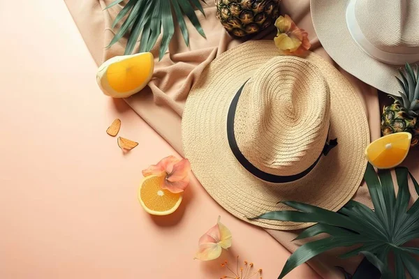 a straw hat, oranges, and a pineapple on a pink surface with a pineapple and a pineapple on the side.