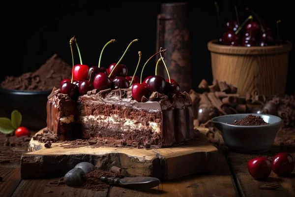 a chocolate cake with cherries on top of it and a bowl of cherries next to it on a wooden table with a bowl of chocolate chips.
