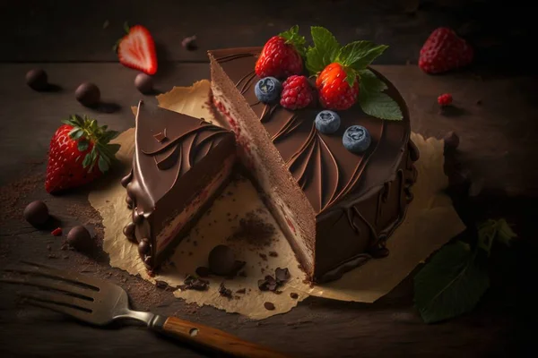 a chocolate cake with a slice cut out of it with strawberries and chocolate chips on the side of the cake and a fork next to it.