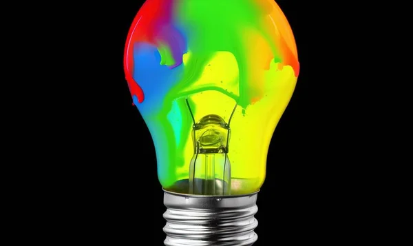 a multicolored light bulb is shown in this image, it appears to be a filament of light on a black background.