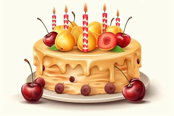 a cake with cherries and candles on a plate with cherries and cherries on the top of the cake and cherries on the side.