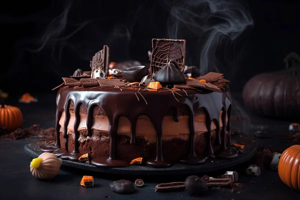 a chocolate cake with chocolate icing and decorations on a black table with pumpkins and other halloween decorations around it and smoke coming out of the top.