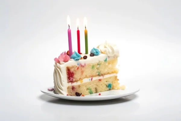 a piece of cake with candles on it on a plate with a white background and a white background with a single slice of cake on the plate.