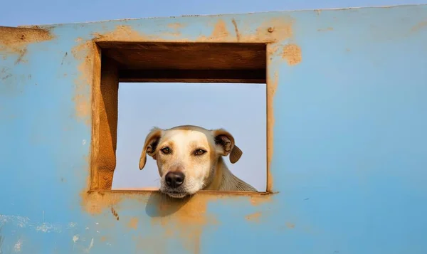 a dog looking out of a window in a blue wall with a sky background and a dog\'s head sticking out of the window.