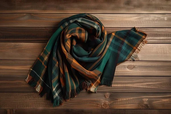 a plaid scarf on a wooden surface with a wooden background in the backround of the image is a wood planks and a wooden wall.